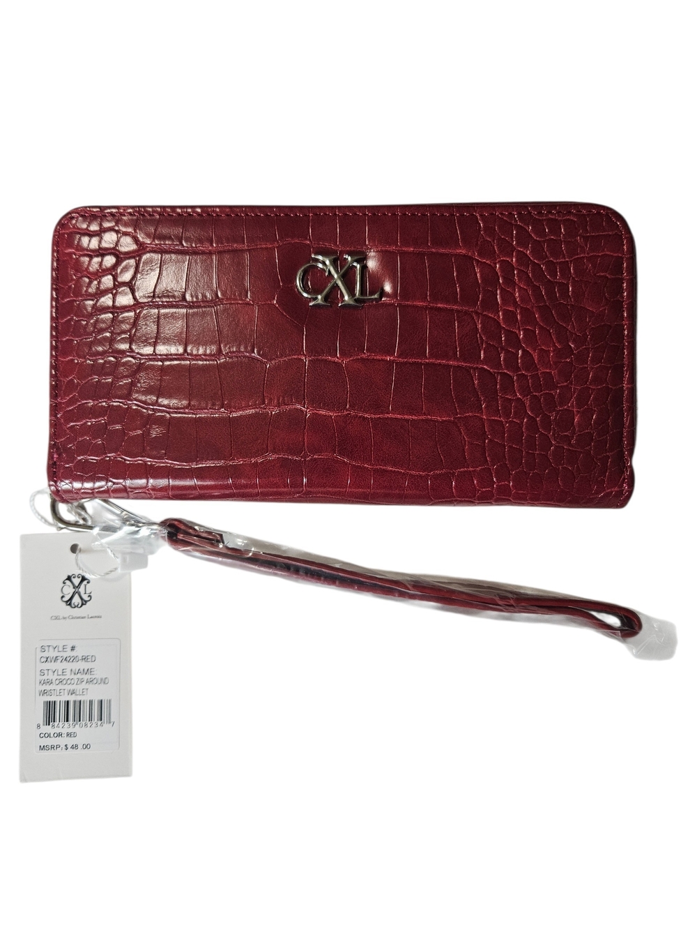 NWT CXL by Christian Lacroix Red Kara Croco Zip Around Wristlet Wallet